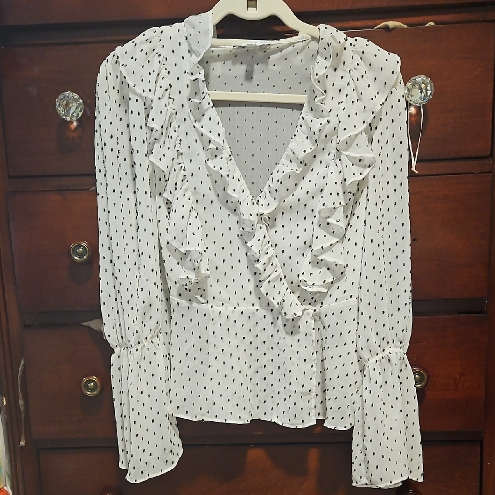 Chic White Blouse with Black Dots and Ruffles